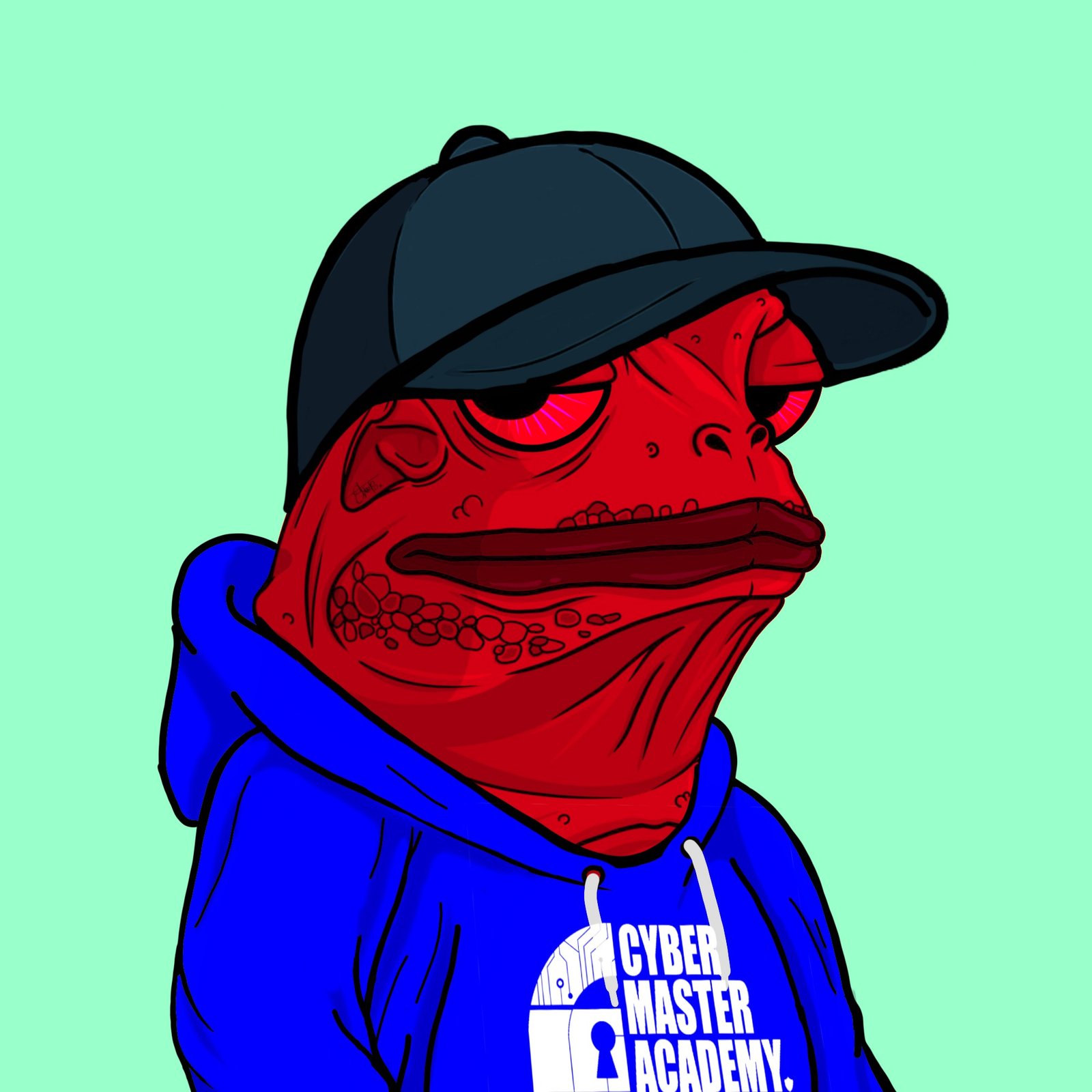 Frogz on Ape preview: red Frog wearing a Cyber Master Academy hoodie