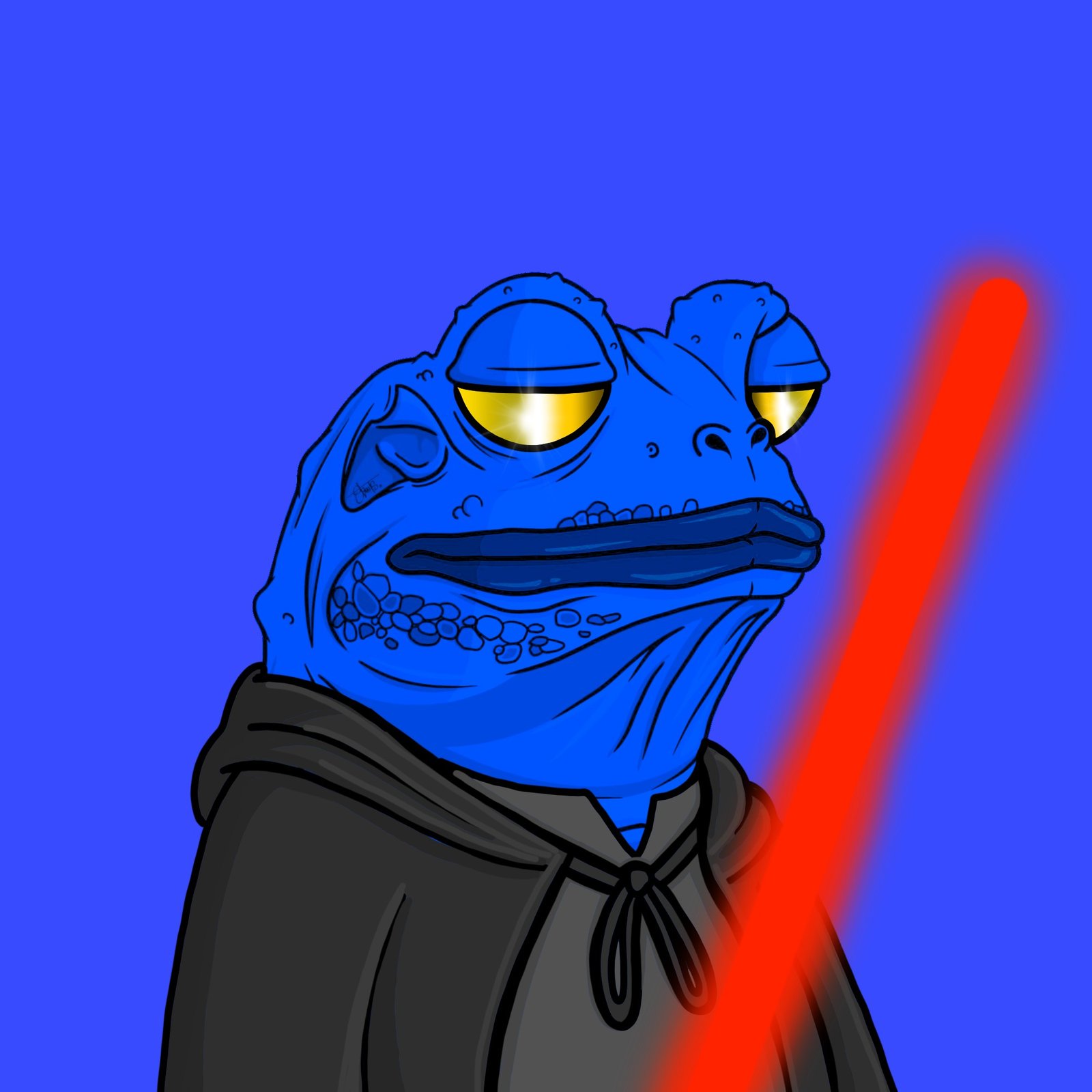Frogz on Ape preview: blue Frog with gold eyes and a glowing red blade